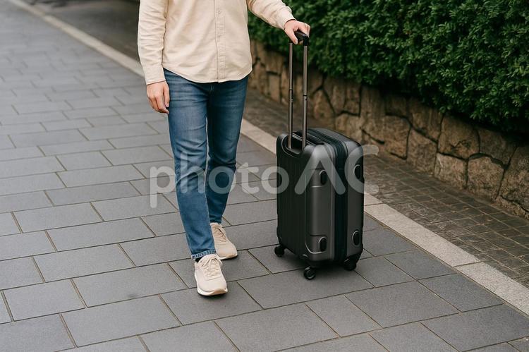 スーツケースを引く旅行者の足元 スーツケース,旅行,出張の写真素材