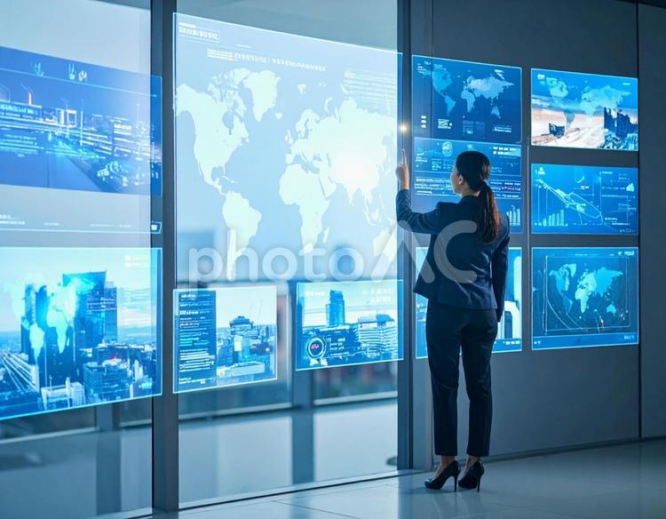 未来を切り拓くAIと向き合う女性の姿 ai,人工知能,データ分析の写真素材