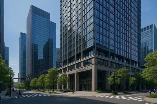 高層ビルと並木道の都市風景の写真