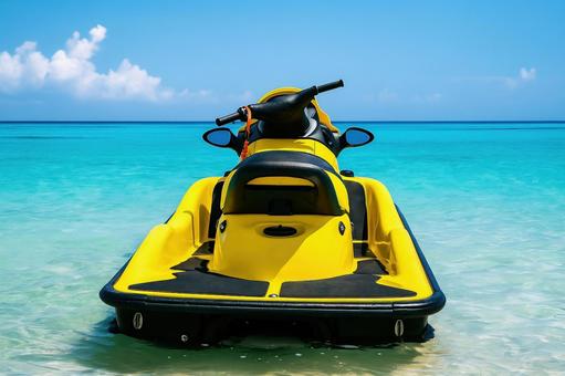リゾートの青い海と黄色い水上バイク リゾートの青い海と黄色い水上バイクの写真
