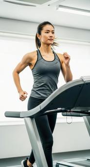 ジムでランニングマシンを使う女性の写真