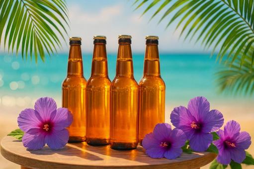 南国のビーチと並べたビール 南国のビーチと並べたビールの写真
