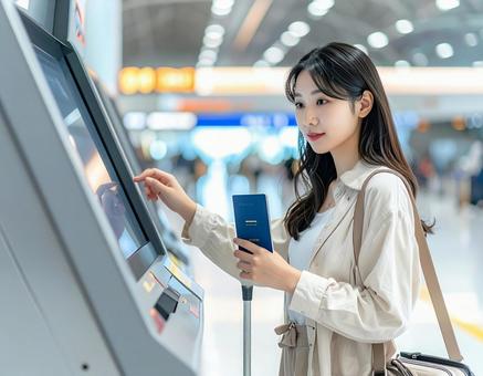 空港でチェックインする女性 空港でチェックインする女性の写真