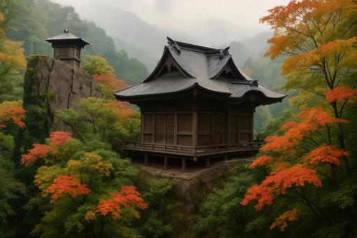 秋の山間に佇む五重塔と紅葉の景色 秋の山間に佇む五重塔と紅葉の景色の写真