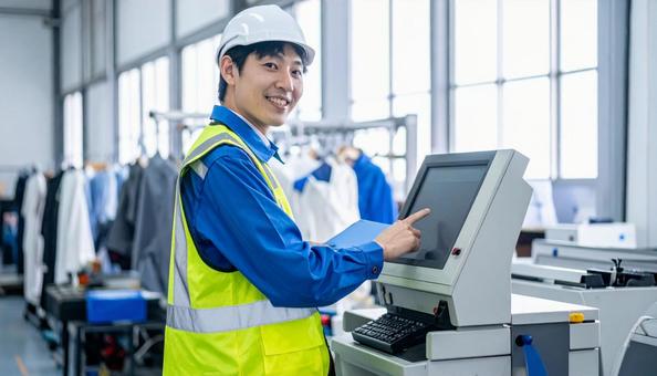 工場の三次元測定機を使う作業服の男性 工場の三次元測定機を使う作業服の男性の写真