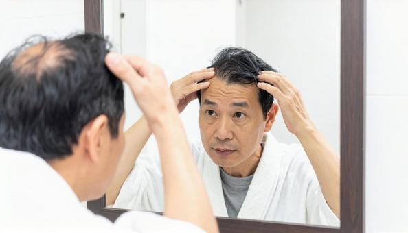 脱毛症 鏡を見て薄毛に悩む中年男性 脱毛症 鏡を見て薄毛に悩む中年男性の写真