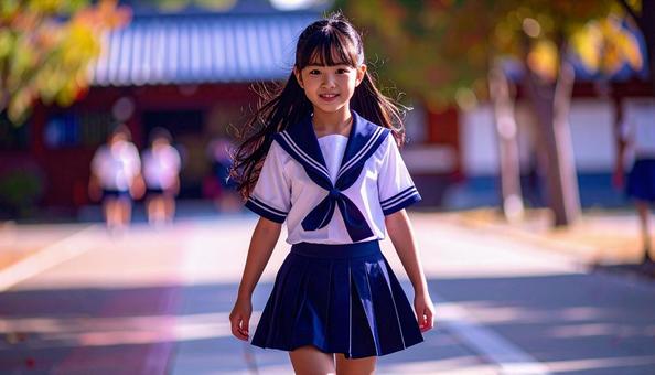 学校に通うセーラー服姿の女の子 学校に通うセーラー服姿の女の子の写真
