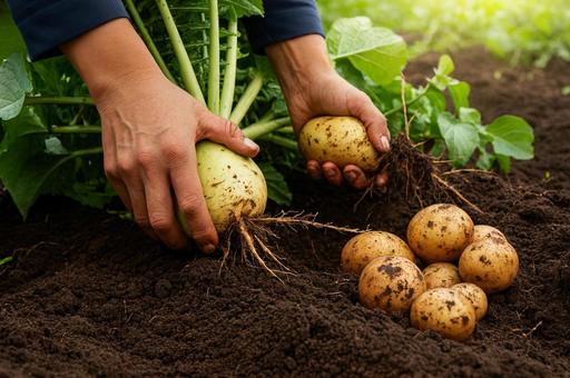 掘りたての大根とじゃがいもの収穫風景の写真