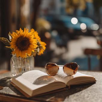 カフェテラスで過ごす、ひまわりと読書 カフェテラスで過ごす、ひまわりと読書の写真