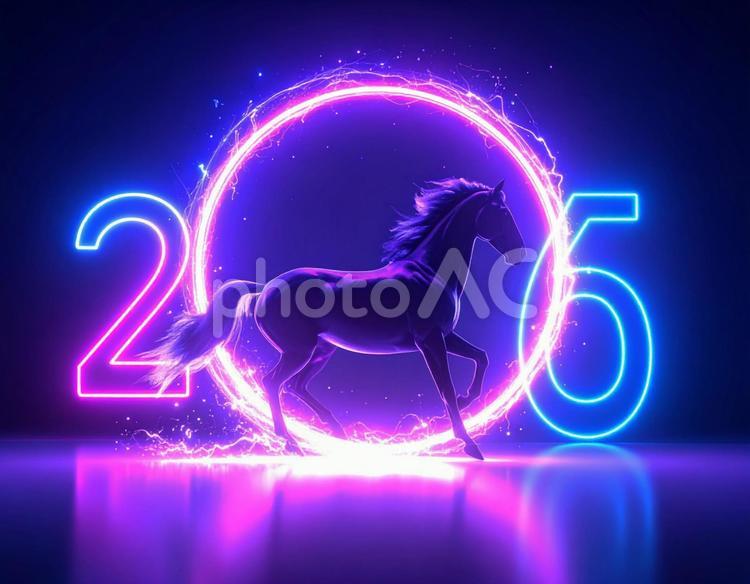2026年サイバーネオン風な馬の年賀素材 年賀,馬,ネオンの写真素材
