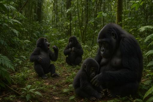 森で寄り添うゴリラ 森で寄り添うゴリラの写真