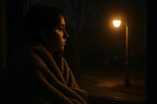 街灯を見つめる人物の写真