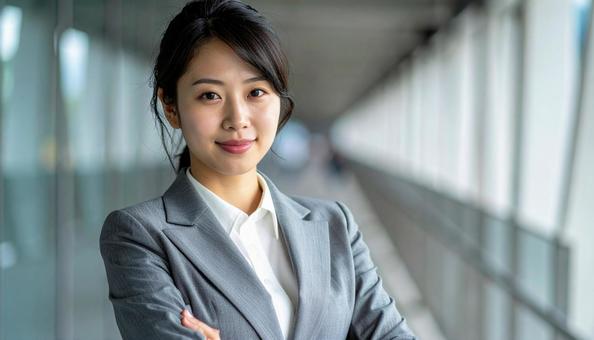 グレーのスーツを着たビジネスウーマンの写真