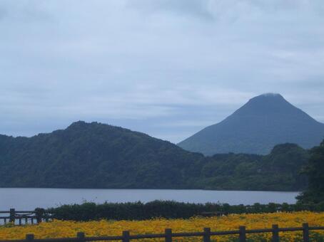 鹿児島開聞岳と池田湖 湖,山,風景の写真素材