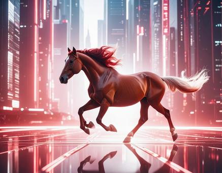 午年フォト・未来都市を駆ける馬（紅白）の写真