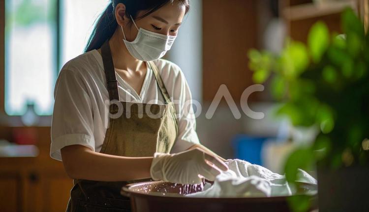 マスク、手袋、エプロン姿で手洗いする母親 布マスク,マスク,手元の写真素材