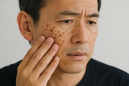 シミに悩む男性 シミに悩む男性の写真