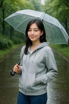 雨の日の公園で微笑む女性 雨の日の公園で微笑む女性の写真