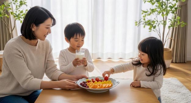 母と子供2人が食卓にいる朝食シーン 母と子供2人が食卓にいる朝食シーンの写真