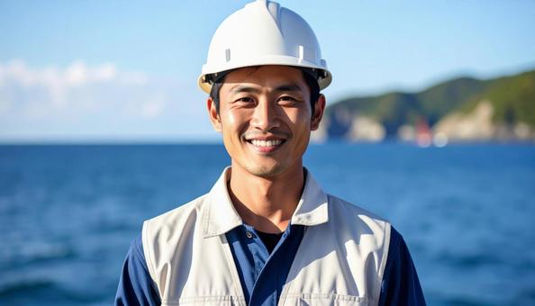 海上で働く笑顔の若い日本人男性作業員写真 海上で働く笑顔の若い日本人男性作業員写真の写真