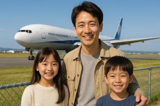 滑走路を背景に飛行機と記念撮影する親子 滑走路を背景に飛行機と記念撮影する親子の写真