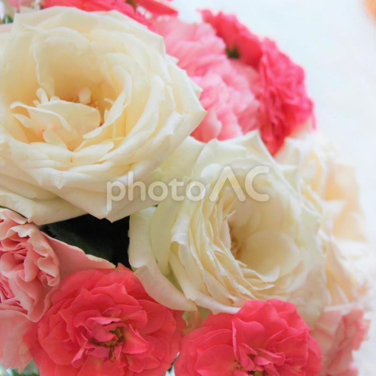 ピンクとホワイトのブーケ　ましかく 花,薔薇,ブーケの写真素材