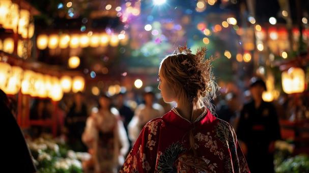 御祭りと外国人の少女の写真