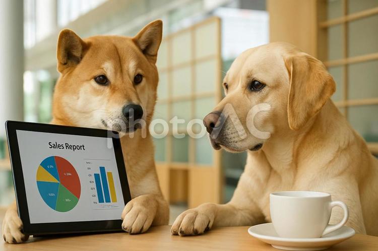 商談をする犬 働く動物,ビジネスアニマル,犬の写真素材