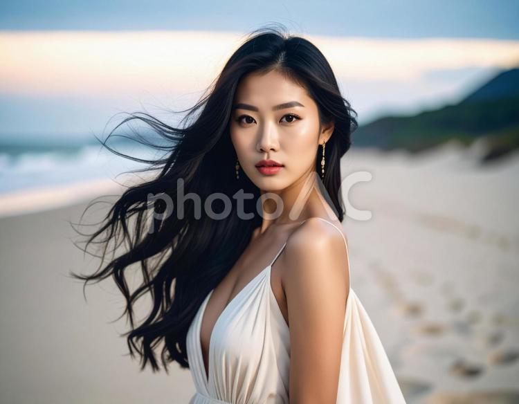 晩夏・夏の終わり、海辺の彼女 女性,晩夏,海辺の写真素材