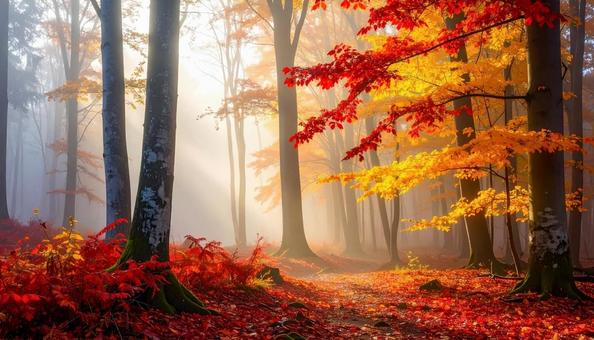霧が漂う秋の森と美しい紅葉の風景 霧が漂う秋の森と美しい紅葉の風景の写真