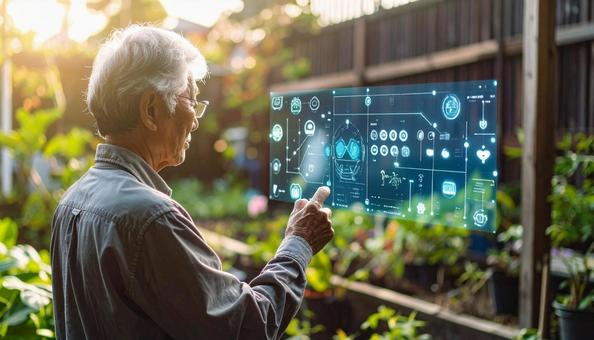 家庭菜園の情報をホログラムで確認する老人の写真