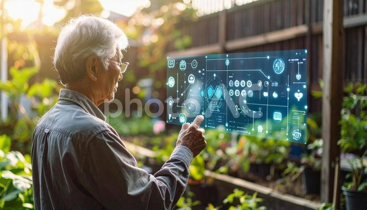 家庭菜園の情報をホログラムで確認する老人 高齢者,老人,シニアの写真素材