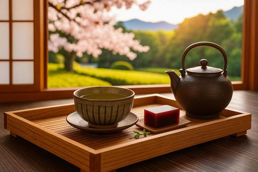 桜と和菓子の春のお茶時間の写真