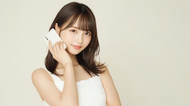スマートフォンを持つ笑顔の女性 スマートフォンを持つ笑顔の女性の写真