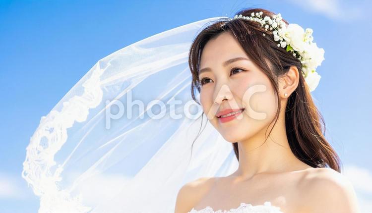 青空にベールがなびくウエディング姿の花嫁 花嫁,ウェディング,ウェディングドレスの写真素材