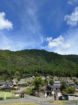 かやぶきの里 山,空,晴天の写真素材