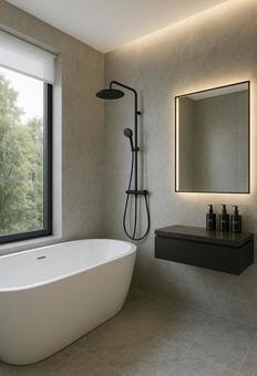 森林を望む高級バスルームの写真