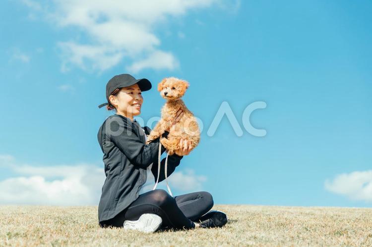 スポーツウェアで犬の散歩をする女性 犬,ペット,女性の写真素材