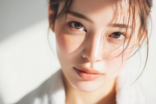 女性の顔アップ 背景白 女性の顔アップ 背景白の写真