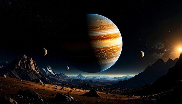 荒涼とした大地と巨大な惑星 荒涼とした大地と巨大な惑星の写真