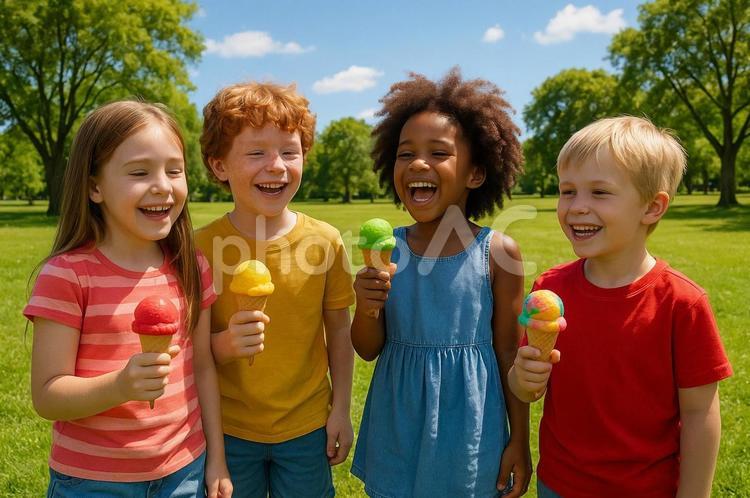 夏の公園で子供たちがアイスを食べる 夏,アイス,子供たちの写真素材
