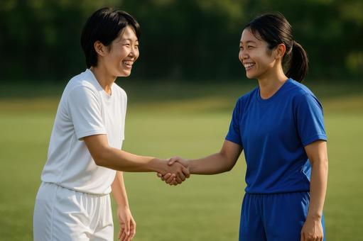 握手する女子サッカー選手 握手する女子サッカー選手の写真