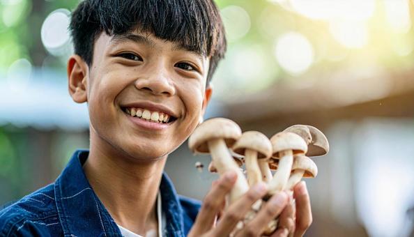 きのこ狩り キノコを収穫して笑顔の男の子 きのこ狩り キノコを収穫して笑顔の男の子の写真