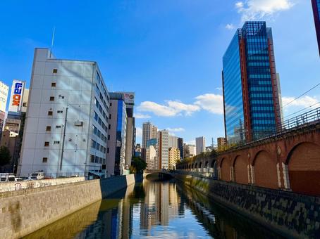 神田川とビル群とブルースカイ 青空,空,ブルースカイの写真素材