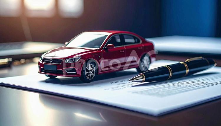 車購入イメージ　車のミニチュアと契約書 新車,中古車,購入の写真素材