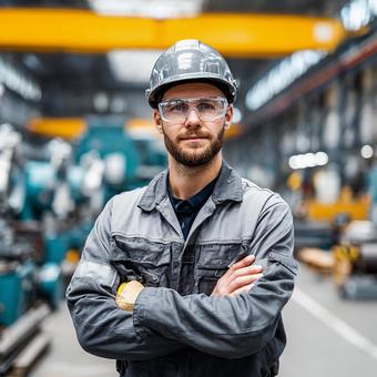 鉄工所で腕組みをする若い作業員の写真