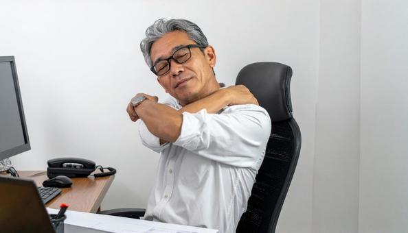 仕事の合間に肩を回すミドルのエンジニア 仕事の合間に肩を回すミドルのエンジニアの写真