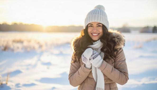 冬の寒冷な雪原の中の可愛い女性 冬の寒冷な雪原の中の可愛い女性の写真