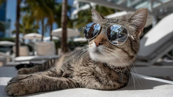 ビーチチェアでくつろぐ短毛猫 ビーチチェアでくつろぐ短毛猫の写真
