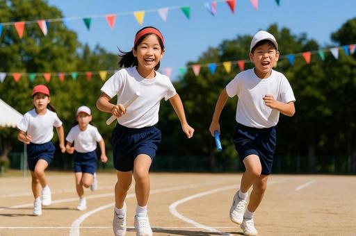 運動会でリレーを走る子供たち・小学生 運動会でリレーを走る子供たち・小学生の写真
